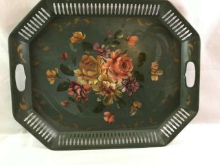 Vintage Green Metal Toleware Tray Cut Out Sides Painted Flowers W/handles