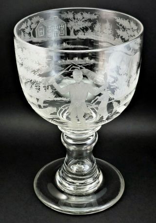 C1820 Antique 19thc Georgian Oversize Goblet Glass Finely Engraved Hunting Scene