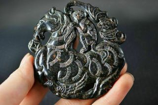 Exquisite Chinese Old Jade Carved Two - Sided Horse/monkey/bat Pendant Y13