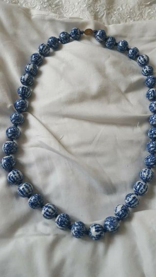 Vintage Blue And White Enamel Cloisonne Bead Necklace 30 Inch