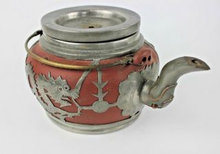 Antique Chinese Yixing Zisha Clay Pottery Pewter Dragon Oolong Teapot