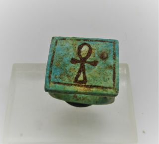 Ancient Egyptian Glazed Faience Ring With Ahnk Key Of Life