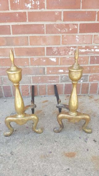 Vintage Brass And Cast Iron Andirons Set Fireplace 20 " X14 " X8 "