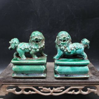 Chinese Old Marked Green Glazed Pair Porcelain Foo Dog Palace Lions Statues Gift