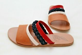 Ancient Greek Sandals - Helene Leather Slide Tan,  Red,  White,  And Blue Eu 38/us 8
