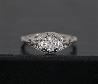 Vintage Estate 14k White Gold Round Diamond Filigree Milgrain Engagement Ring