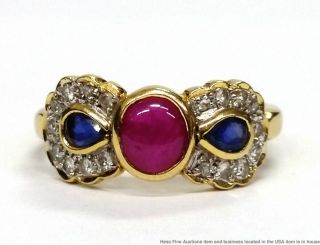 18k Yellow Gold Natural Ruby Sapphire Fine Diamond Vintage Bow Ring