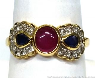 18K Yellow Gold Natural Ruby Sapphire Fine Diamond Vintage Bow Ring 2