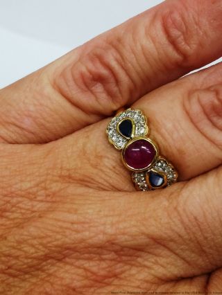 18K Yellow Gold Natural Ruby Sapphire Fine Diamond Vintage Bow Ring 3
