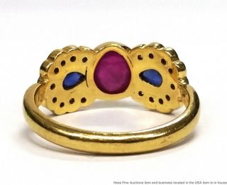 18K Yellow Gold Natural Ruby Sapphire Fine Diamond Vintage Bow Ring 6
