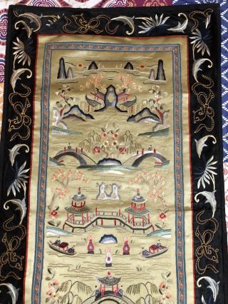 ANTIQUE CHINESE QING DYNASTY SILK HAND EMBROIDERY SCENERY PANEL 13” X 26” 2