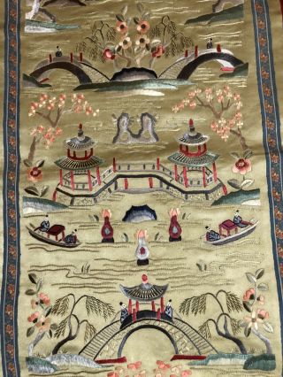 ANTIQUE CHINESE QING DYNASTY SILK HAND EMBROIDERY SCENERY PANEL 13” X 26” 3