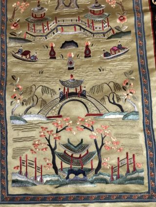 ANTIQUE CHINESE QING DYNASTY SILK HAND EMBROIDERY SCENERY PANEL 13” X 26” 4