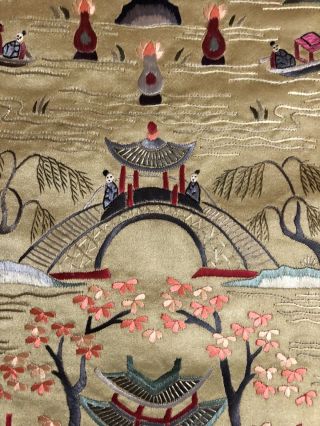 ANTIQUE CHINESE QING DYNASTY SILK HAND EMBROIDERY SCENERY PANEL 13” X 26” 7