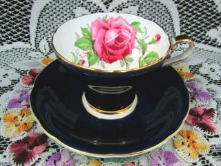 Aynsley Pink Cabbage Rose Cobalt Blue Corset Tea Cup And Saucer