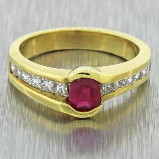 Vintage Estate 18k Solid Yellow Gold Oval Ruby 1ctw Diamond Band Ring