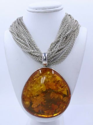 Stephen Dweck Sterling Silver Baltic Amber Pendant Necklace Chunky 276.  6 Grams