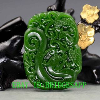 Chinese Natural Green Hetian Jasper Jade Hand - Carved Dragon & Phoenix Pendant