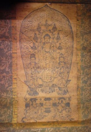 Japanese Edo Period Buddhist Hanging Scroll Temple Amida Triad Buddha God Zen