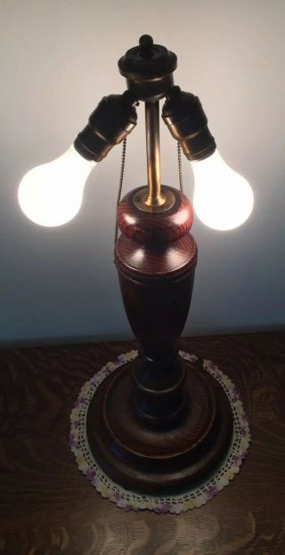 Antique Vintage Arts & Crafts Retro Oak Slag Glass Lamp Base 3