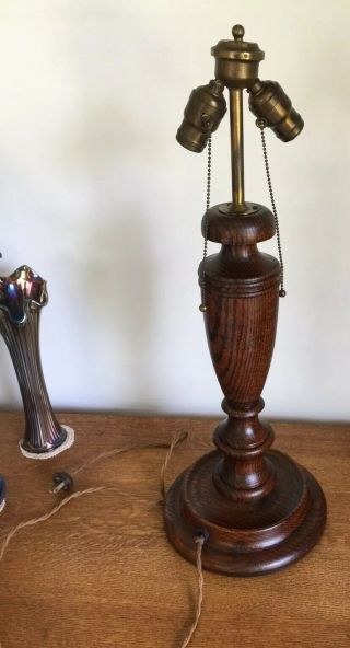 Antique Vintage Arts & Crafts Retro Oak Slag Glass Lamp Base 8