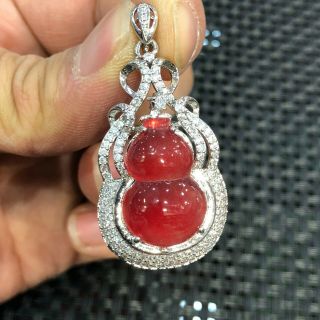 Rare Chinese S925 Silver & Red Jadeite Jade Auspicious Gourd Handwork Pendant