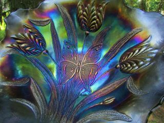 Dugan Butterfly & Tulip Antique Carnival Glass Ftd Square Bowl Purple Gorgeous