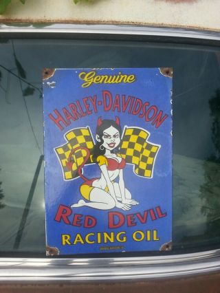 1953 Harley Davidson Motorcycle Racing Oil Porcelain Sign Gas Oil Pinup Vintage
