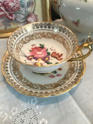 Paragon Tea Cup Widemouth Heavy Gold,  Pink Cabbage Rose Teacup And Saucer