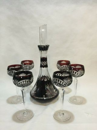 Vintage Bohemian Czech Purple Red Cut To Clear Crystal Decanter & 6 Goblets Set