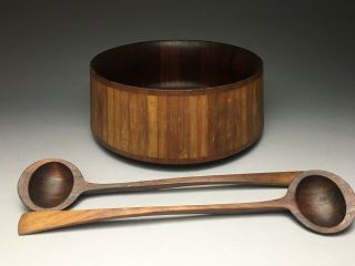Vintage Rare Dansk Ihq Bamboo & Teak Wood Salad Bowl And Servers