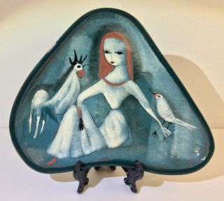 40 Off - - Vintage Polia Pillin Tray,  Woman With Rooster And Bird,  C.  1960s–70s