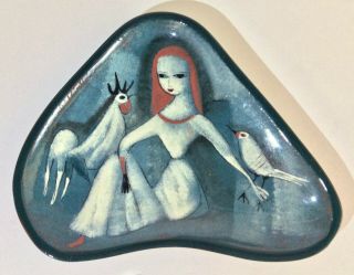 40 OFF - - Vintage Polia Pillin Tray,  Woman with Rooster and Bird,  c.  1960s–70s 2