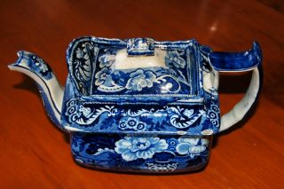 Early 19th C.  Staffordshire Blue Stone China Teapot W/ Lid,  Flower & Vase Design