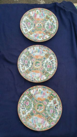 3 Antique Chinese Canton Famille Rose Figural Medallion Plates Dishes