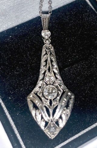 Art Deco Hand Carved Platinum Diamond Pendant With Chain,