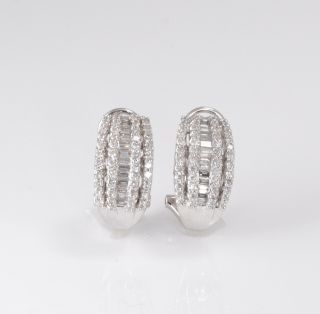 Dazzling Estate 14k White Gold 2 Ctw Round & Baguette Diamond Hoop Earrings