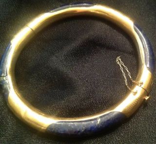 Vintage Estate 14k Yellow Gold Lapis Lazuli Hinged Bangle Bracelet