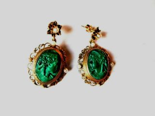 Antique Estate 14k Rose Gold Massive Earrings With " Cameo " Of Natural Malachite