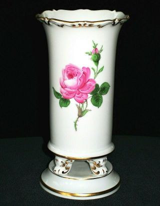 Antique German Meissen Crossed Swords Pink Rose Double Gold Claw Vase Porcelain