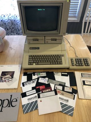 Vintage Apple Iie Computer W/ Monitor,  Floppy Drives,  Floppy Disks &