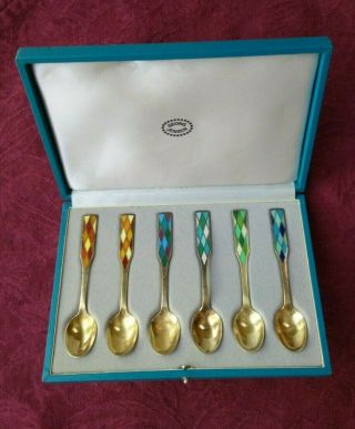 Georg Jensen Sterling Blue Box Set Of 6 Demitasse Spoons Harlequin Enamel Vtg