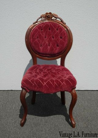 Vintage Victorian Style Carved Burgundy Tufted Velvet Accent Chair