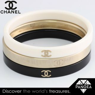 Chanel B13s Tri Color White Black Gold 9mm Bangle Bracelet Set Of 3 Signed