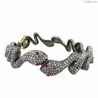 Antique Snake Bracelet 7.  46ct Pave Diamond Ruby 18k Gold 925 Sterling Silver