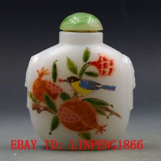 Antique Chinese Glass Hand - Painted Pomegranate & Bird Snuff Bottles L107