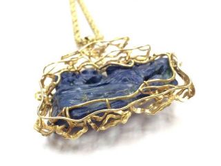 RARE Vintage 14k Yellow Gold and Lapis Carved Chinese Goddess Pendant 10