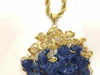 RARE Vintage 14k Yellow Gold and Lapis Carved Chinese Goddess Pendant 6