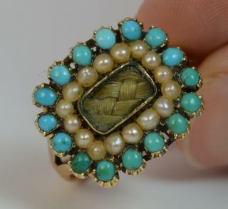 Georgian 18ct Gold Hair Seed Pearl And Turquoise Mourning Signet Ring D0243