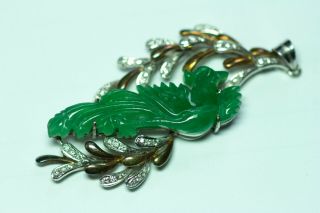 Antique Carved Green Jade " Phoenix " Pendant 18k Gold With.  50ctw Dias